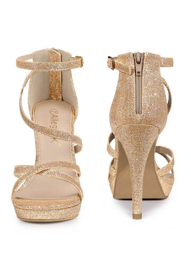 Platform Glitter Strappy Stiletto Heels Sandals, Gold / Gold, alternate image number null