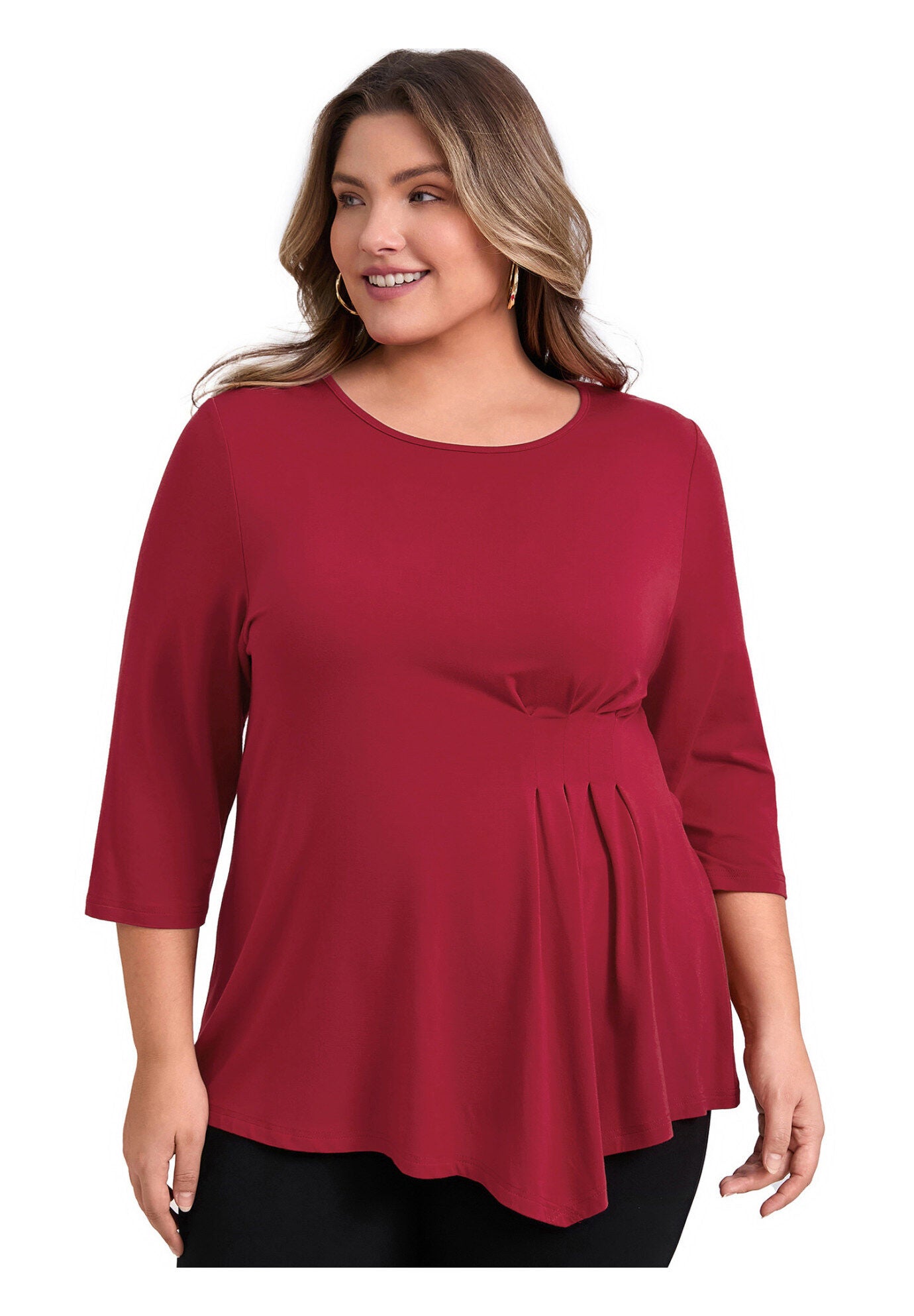 Crew Neck 3/4 Sleeve Waist Pleated Asymmetric Hem Loose Fit Blouse, Red / Red, hi-res image number 0