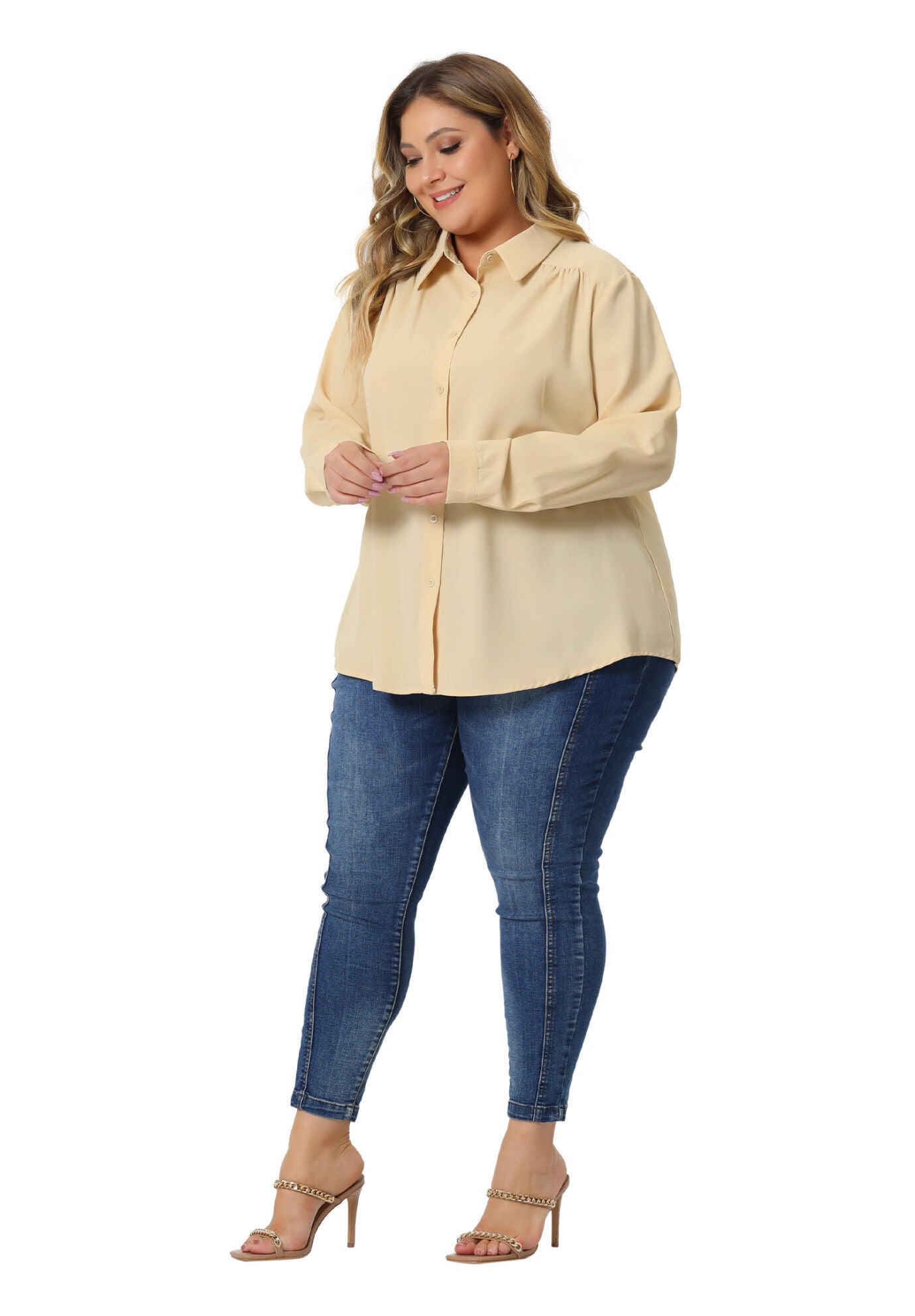 Button Down Long Sleeve Classic Shirt, Apricot / Cream, hi-res image number 0