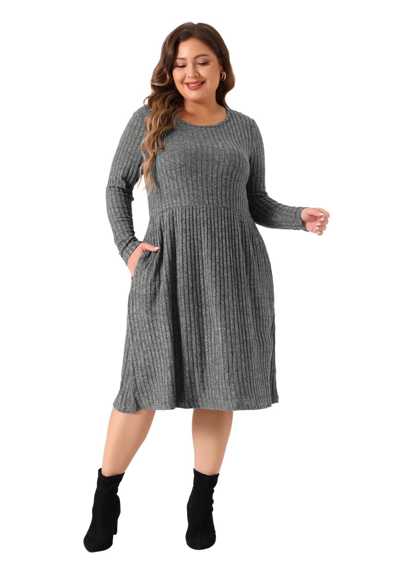 Round Neck Long Sleeve Elegant Ribbed Midi Knit Sweater Dress, Gray / Warm Grey, hi-res image number 0