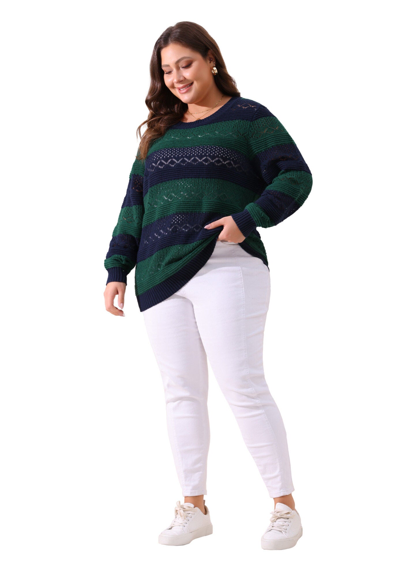 Crewneck Lightweight Hollow Knit Pullover Top, Green Blue / Navy, hi-res image number 0