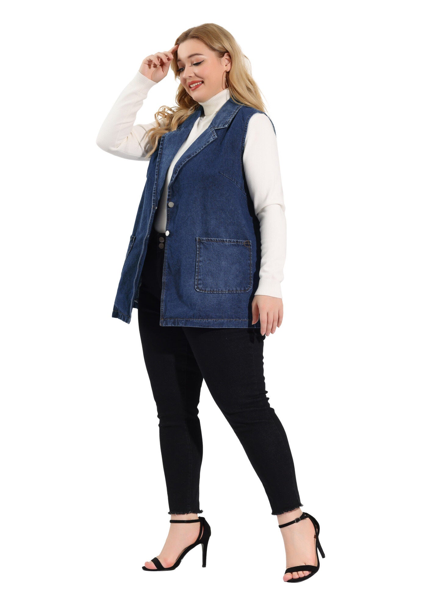 SLEEVELESS LAPEL LONG JEAN DENIM TUNIC VEST, Dark Blue / Navy, hi-res image number 0