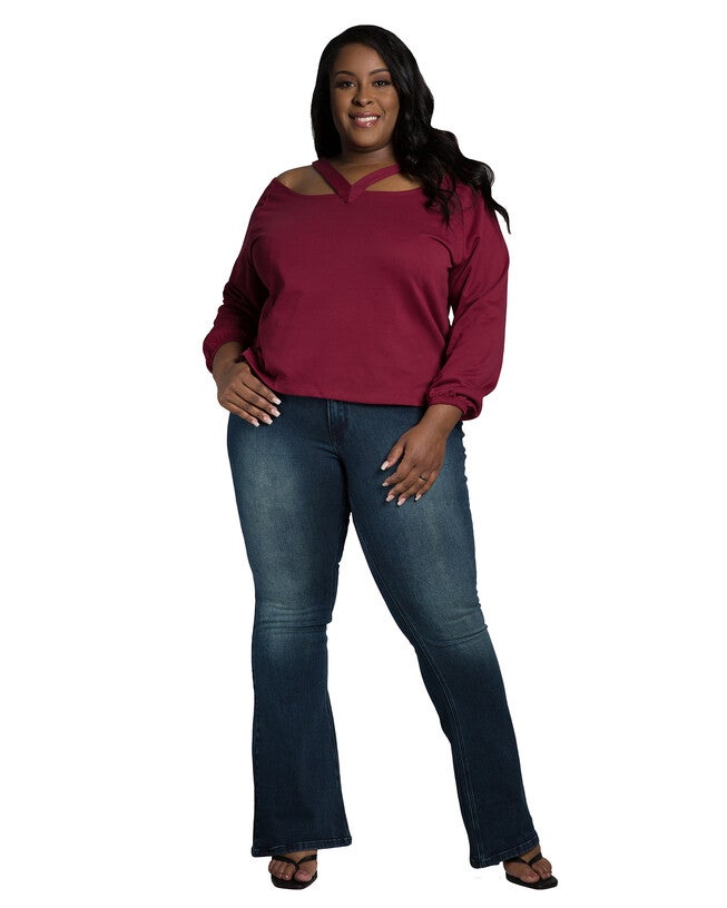 Della Women's V Self Straps Off Shoulder Long Sleeve Top, Sunset / Burgundy, alternate image number 1