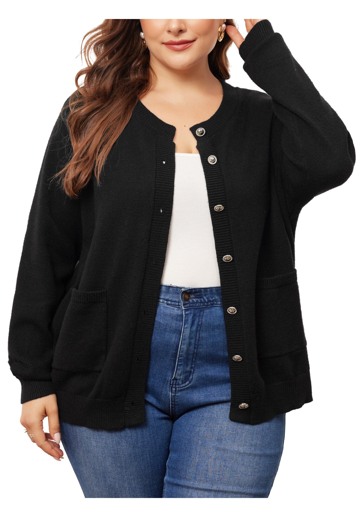 Button Down Crew Neck Sweater Knit Cardigan, Black / Black, alternate image number 1