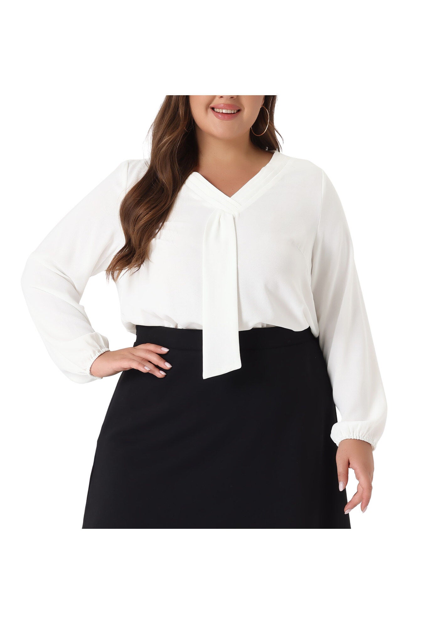 V Neck Long Sleeve Ruffle Tie Front Office Work Chiffon Blouse Top, White / White, alternate image number 2
