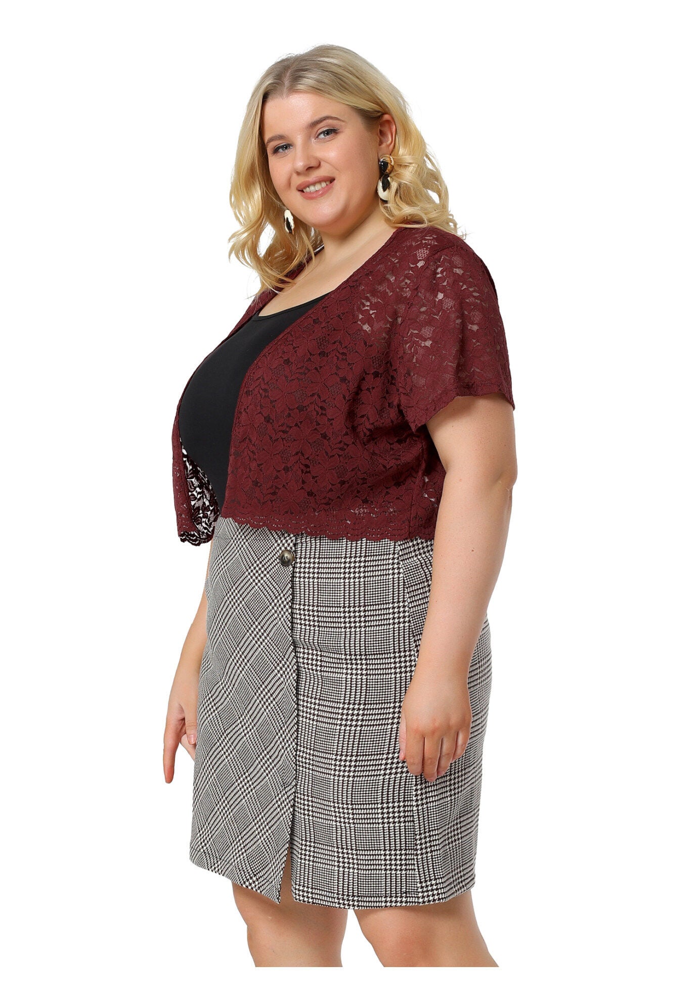 OPEN FRONT SHORT SLEEVE CROCHET LACE CROPPED BOLERO SHRUG CARDIGAN, Burgundy / Red, alternate image number 1