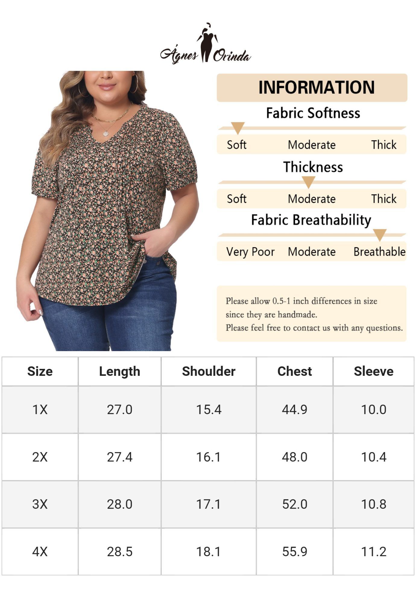 Short Sleeve Pleated T-Shirts Notched V Neck Blouse Floral Top, Brown / Brown, alternate image number 3