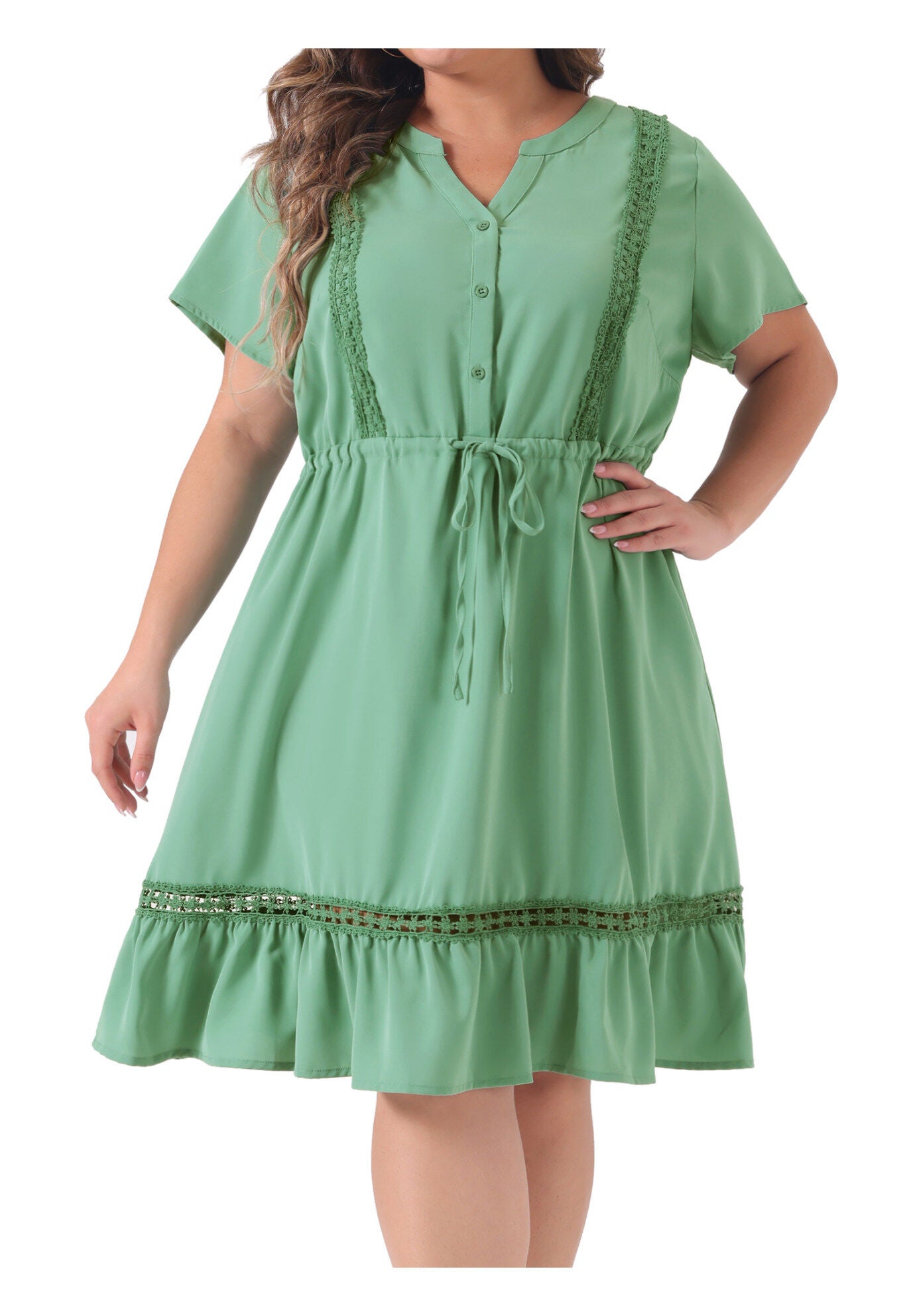 Button V Neck Summer Midi Ruffle A Line Swing Dress, Light Green / Light Green, alternate image number 2