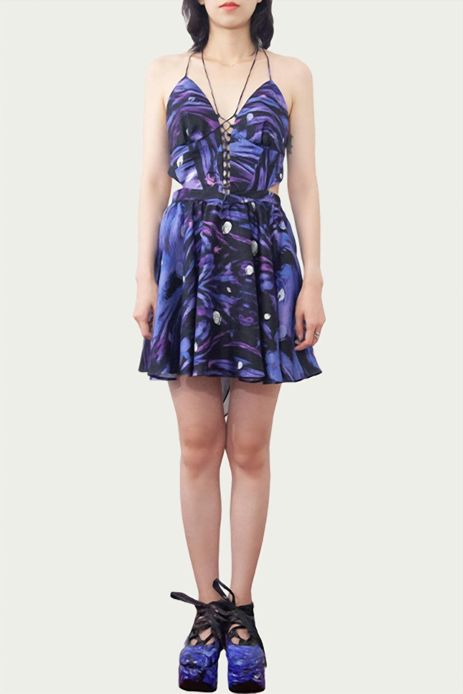 ZETA LACE-UP CUTOUT HALTERNECK MINI DRESS IN PURPLE/BLUE, , alternate image number 6