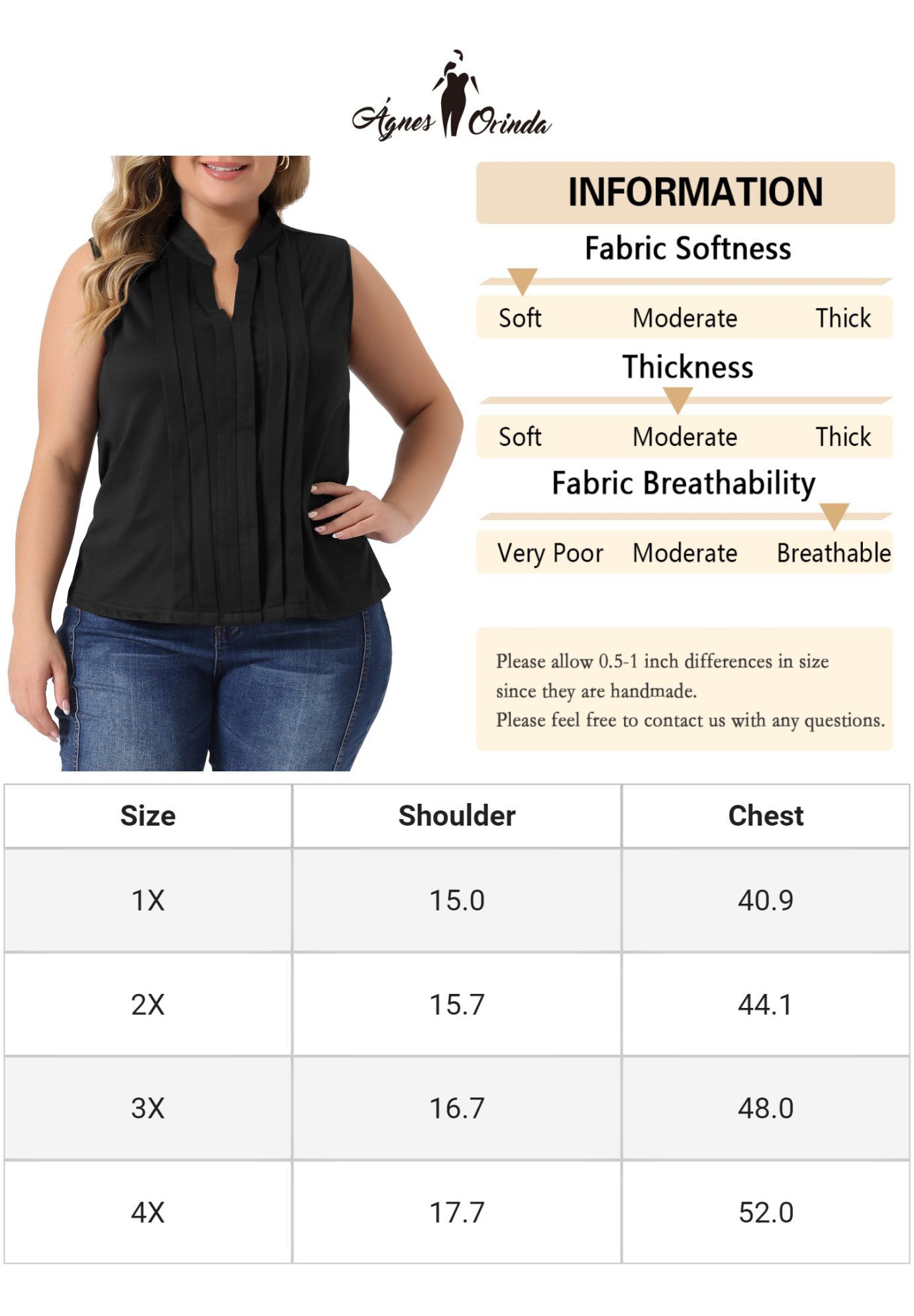 V Neck Sleeveless Pleated Summer Blouse Vest, Black / Black, alternate image number 4