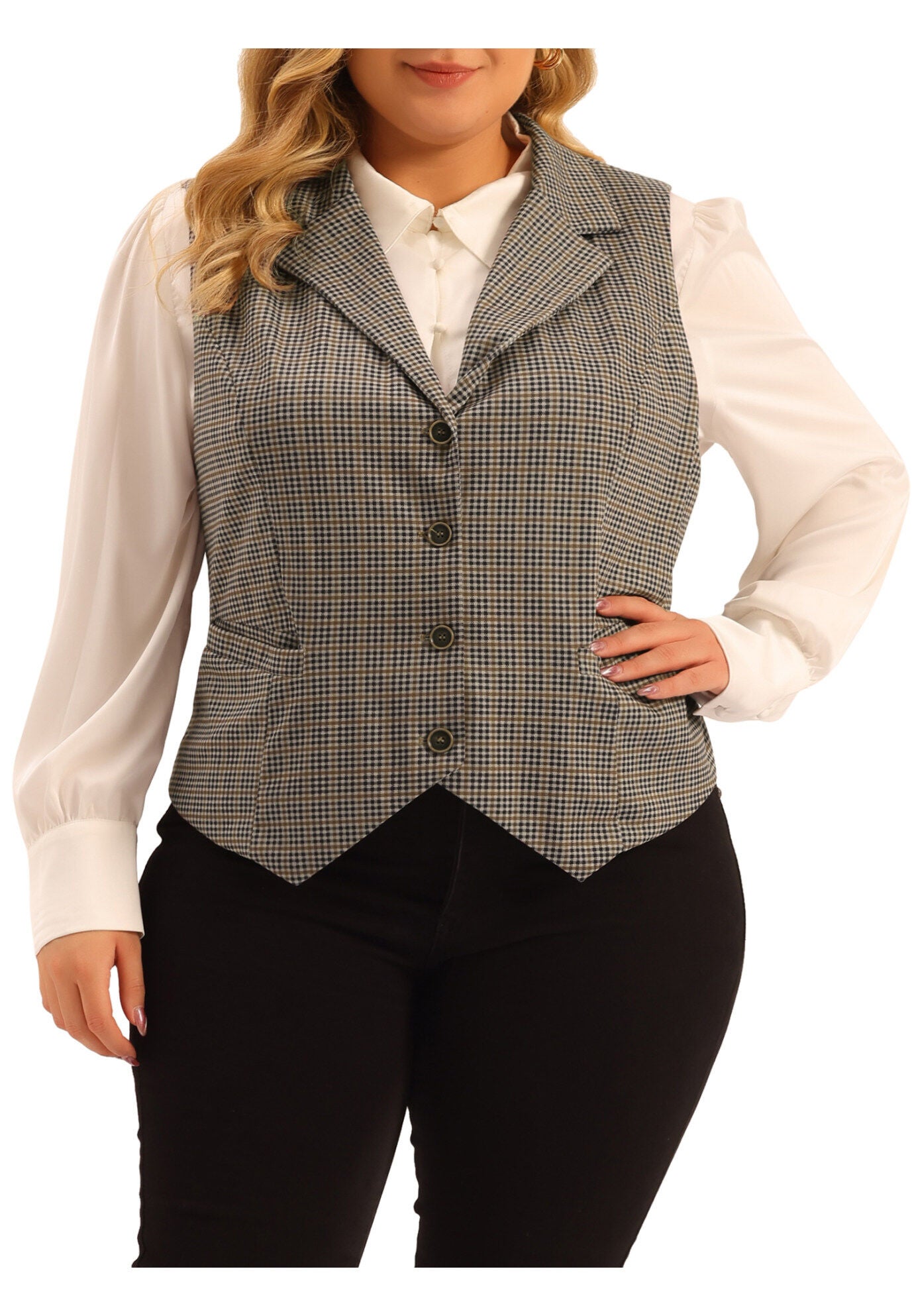 VINTAGE BUTTON STEAMPUNK PLAID WAISTCOAT VEST, Brown / Brown, alternate image number 2