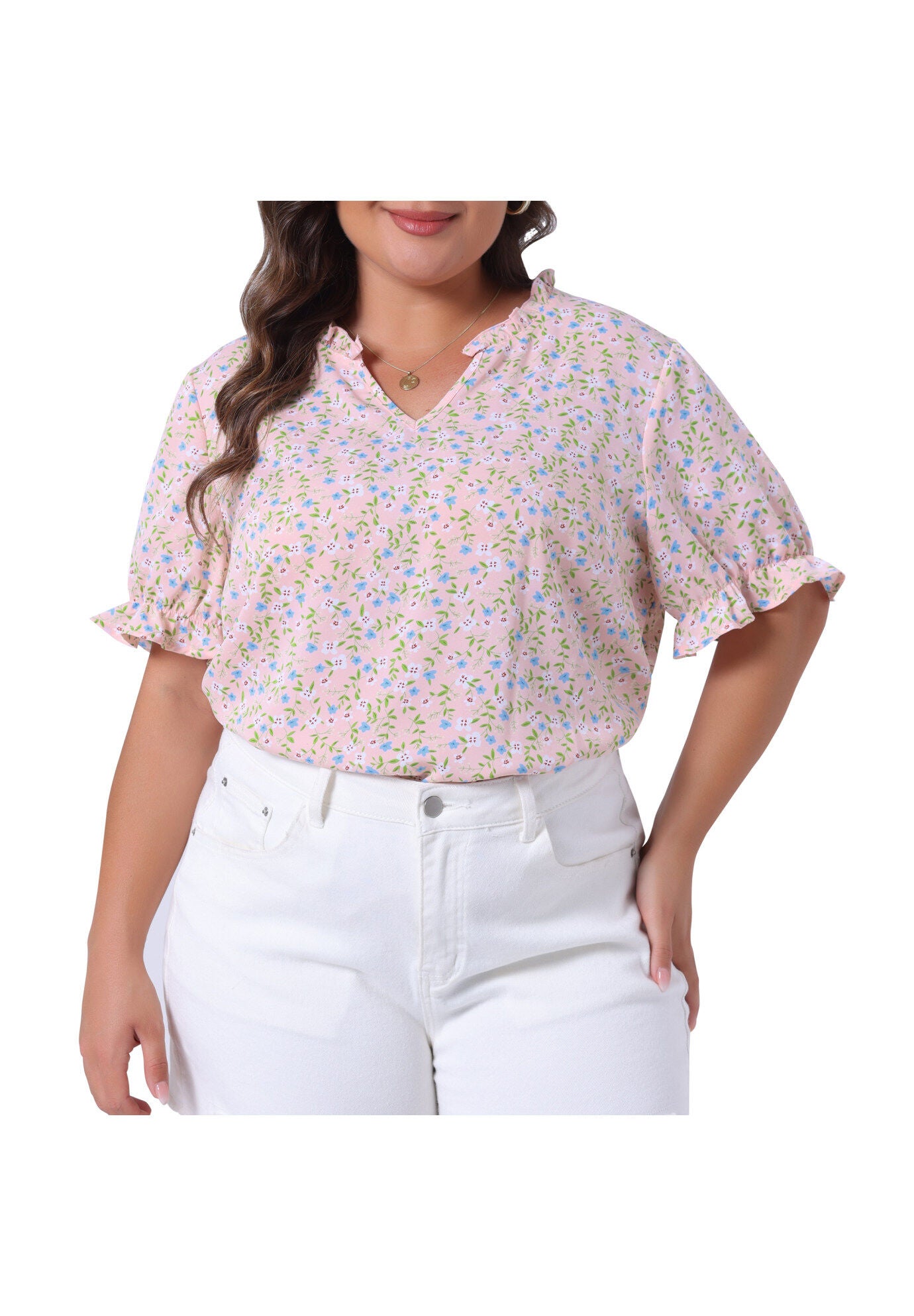 Floral V Neck Ruffle Puff Short Sleeve Blouse, Pink / Pink, alternate image number 1