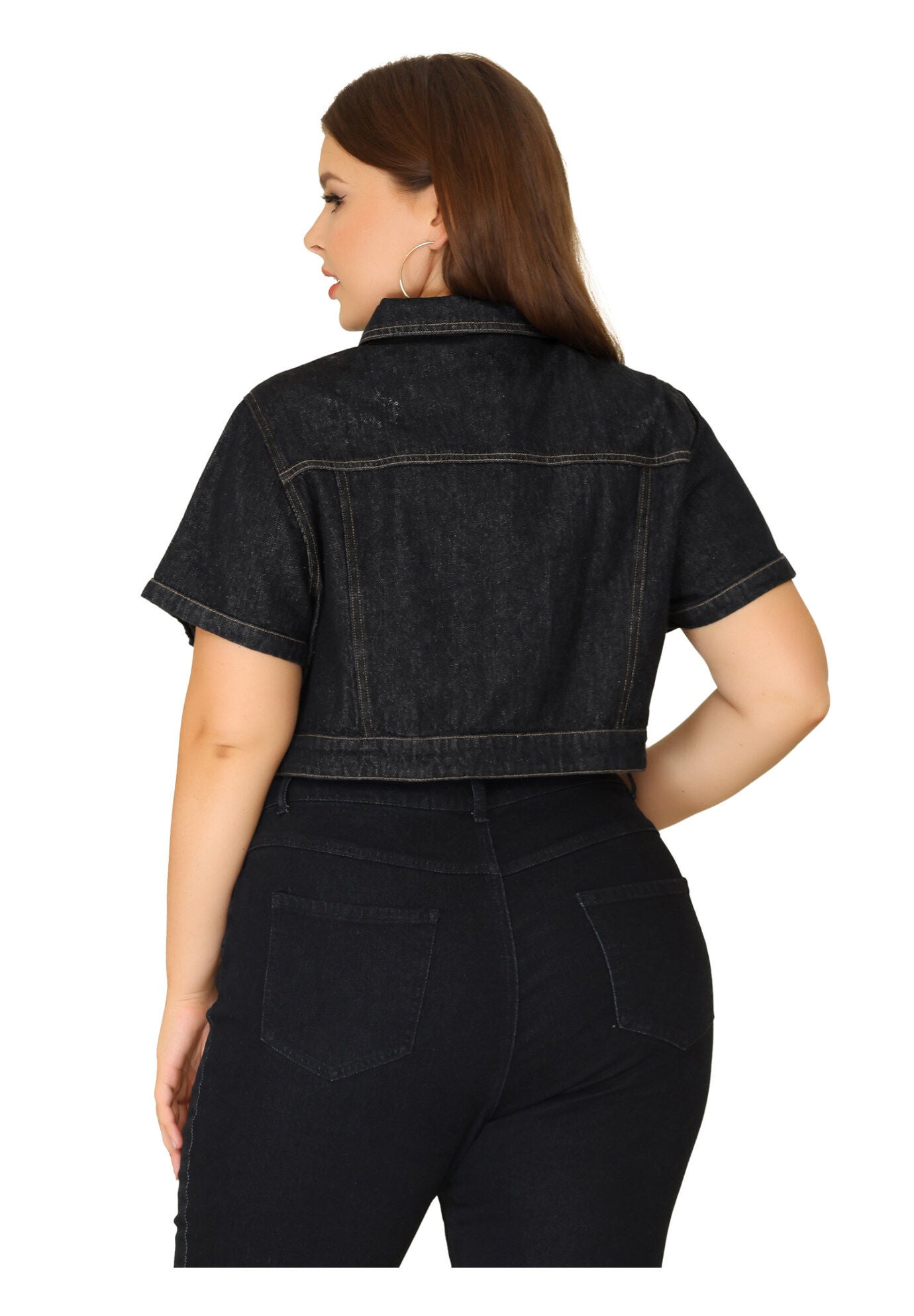 SHORT SLEEVE BUTTON DOWN CROPPED DENIM JACKET, Black / Black, alternate image number 3