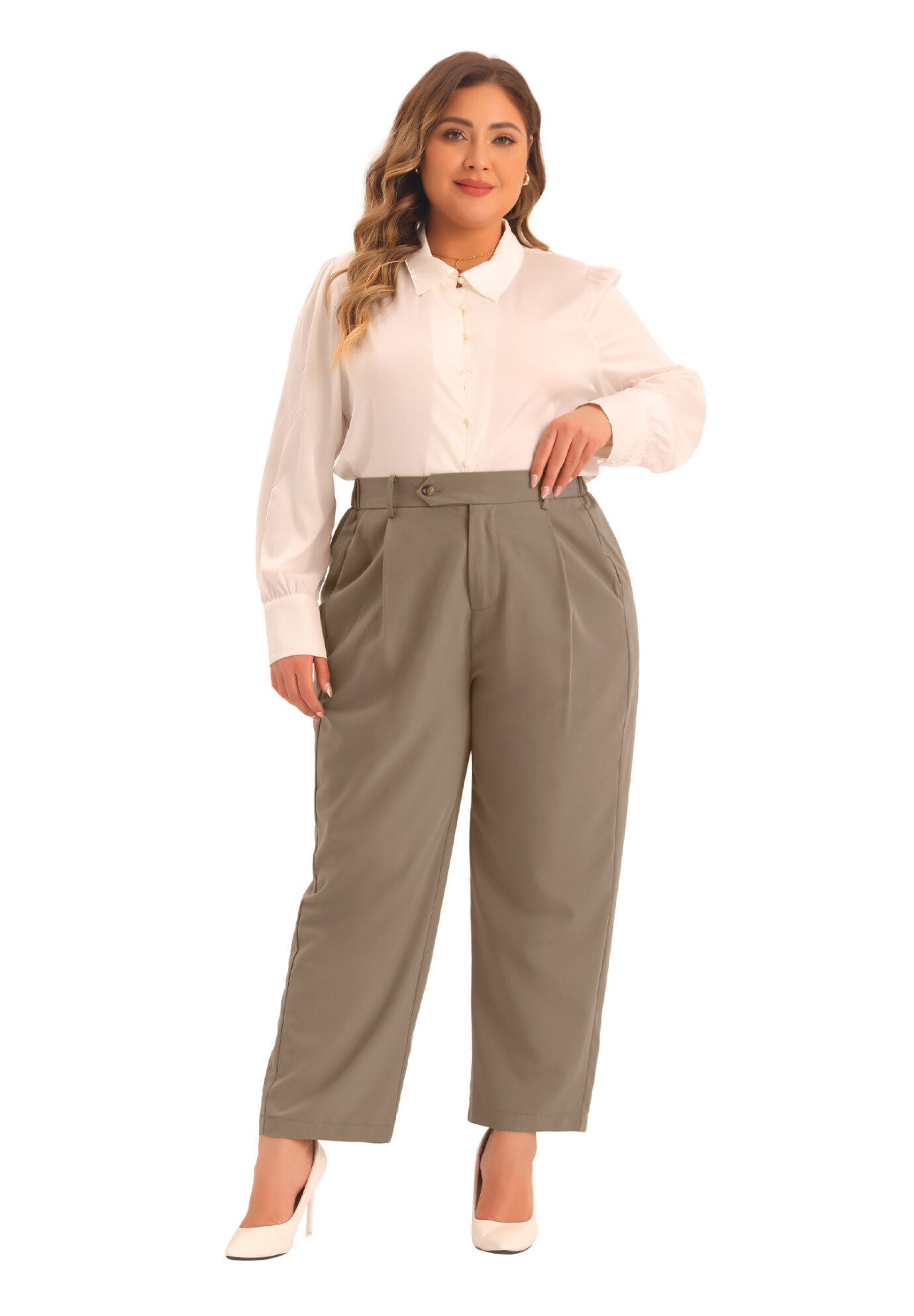ELASTIC HIGH WAISTED LONG STRAIGHT BUSINESS CASUAL TROUSERS, Brown / Brown, hi-res image number 0