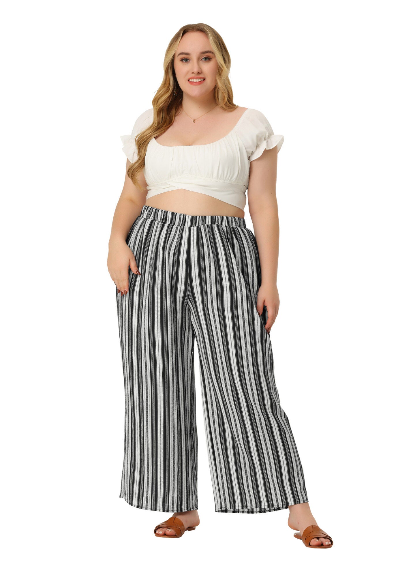 STRIPE BOHO WIDE LEG PAPER BAG PALAZZO PANTS, Black / Black, hi-res image number 0