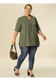 V Neck Casual Solid 1/2 Sleeve Tunic Blouse