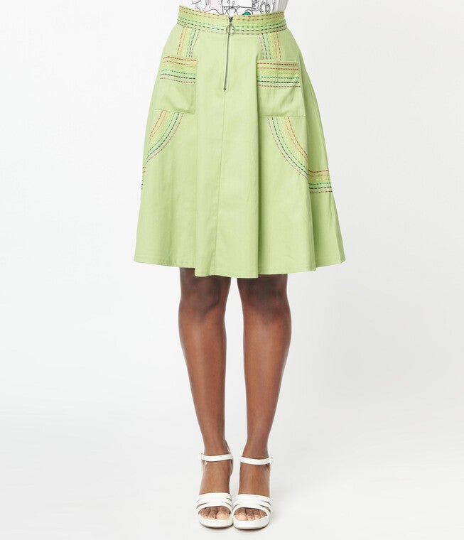 Unique Vintage Pistachio Green Patch Pocket Swing Skirt, Green / Light Green, hi-res image number 0