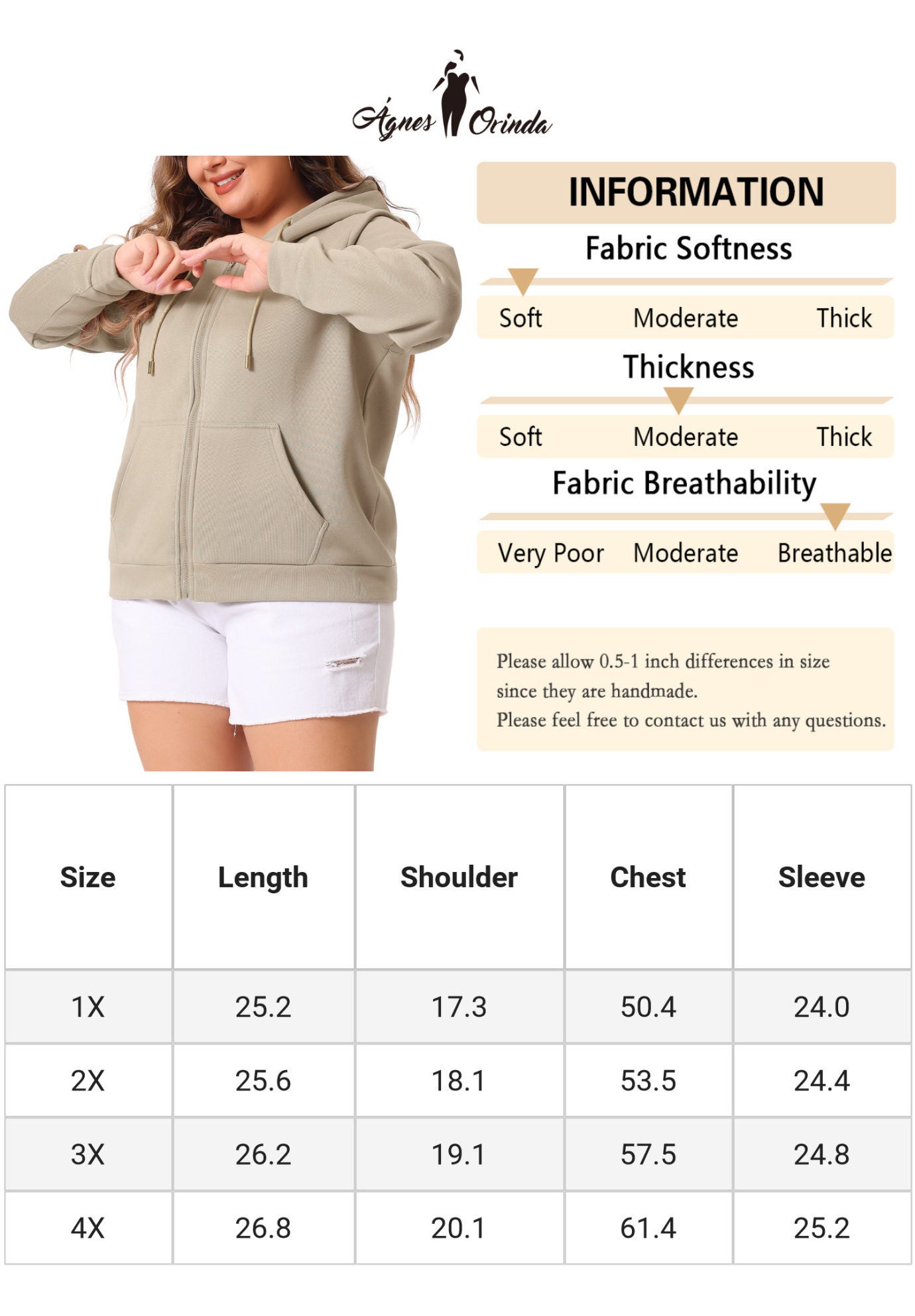 HOODIES FULL ZIP UP LONG SLEEVE SWEATSHIRT JACKET, Khaki / Beige, alternate image number 4