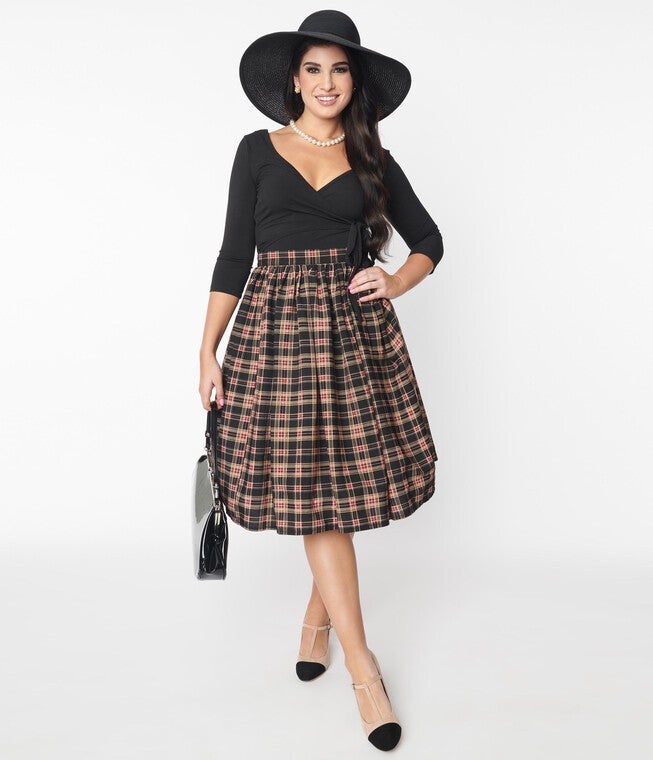 Unique Vintage Black & Burgundy Plaid Gellar Swing Skirt, Black Burgundy Plaid / Black, hi-res image number null
