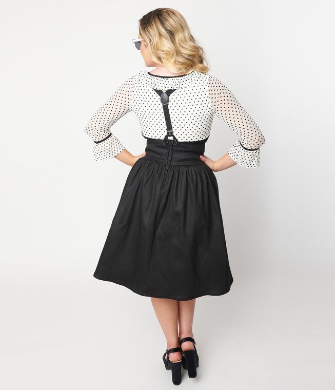 Unique Vintage Dark Denim Black High Waist Suspender Swing Skirt, Dark Denim / Dark Wash, alternate image number null