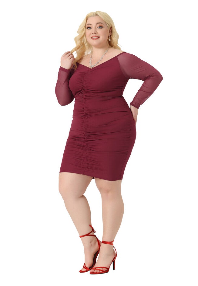 Off Shoulder Mesh Long Sleeve Ruched Cocktail Bodycon Dress, Burgundy / Red, hi-res image number 0