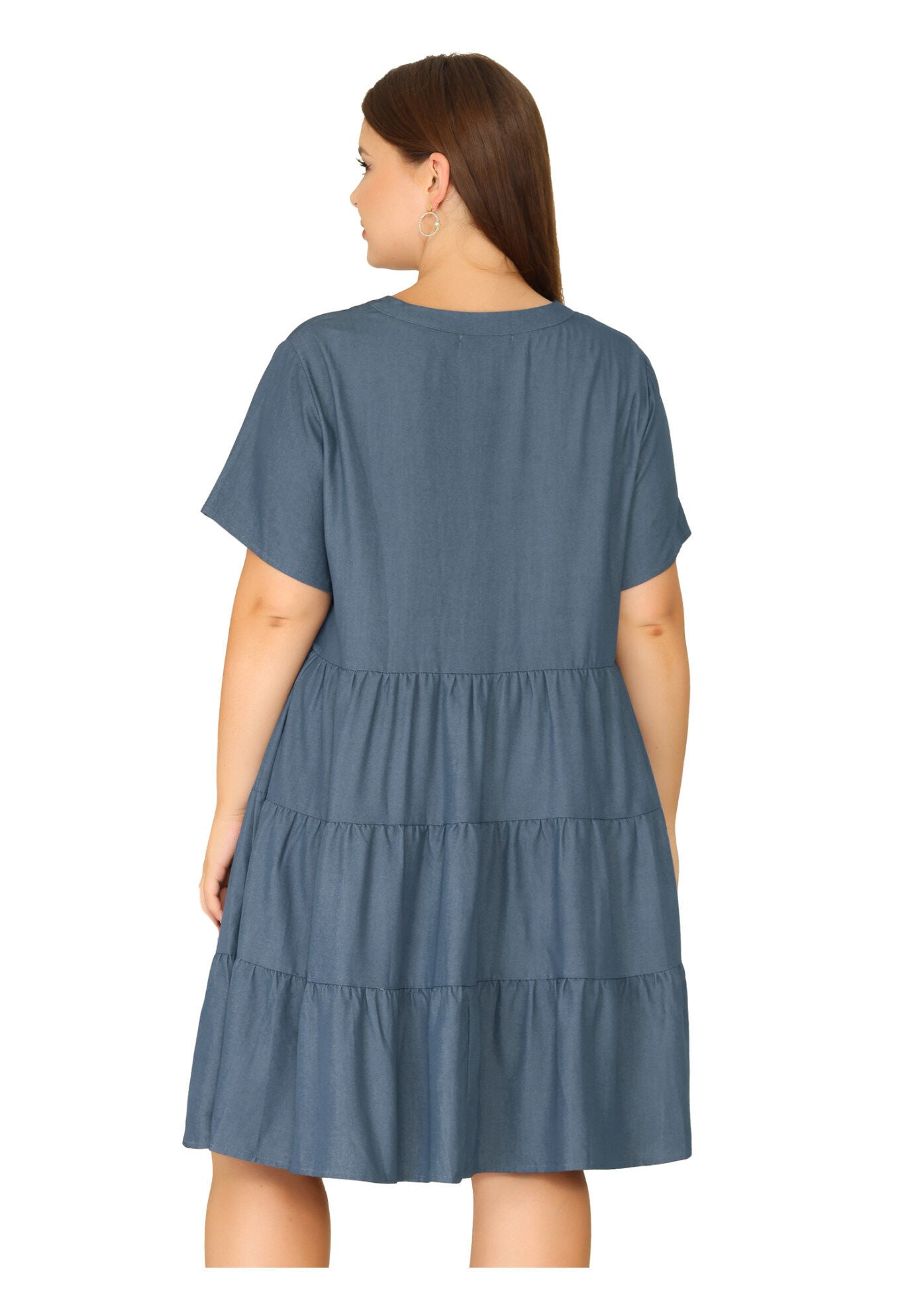 Button Down V Neck Knee Length Tiered Chambray Dress, Grey Black / Charcoal Grey, alternate image number 3
