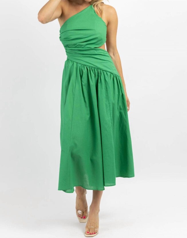 ASYMMETRIC RUCHE MIDI DRESS IN PALM GREEN, , alternate image number null
