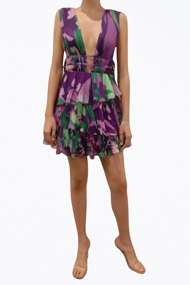AERIN PLEATED CUTOUT CHIFFON MINI DRESS IN PURPLE, Purple / Purple, hi-res image number 0