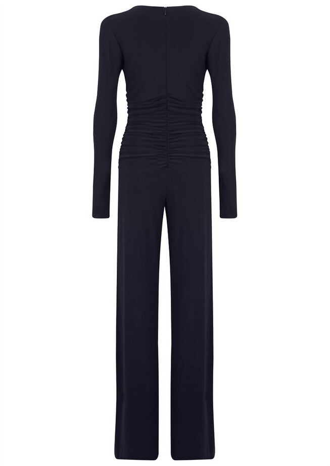 V NECK LONGSLEEVE SHIRRED WAIST JUMPSUIT IN MIDNIGHT, Midnight / Black, alternate image number null