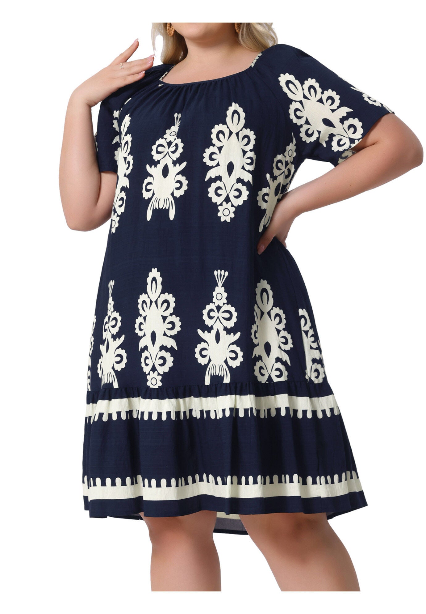 Summer Boho Short Sleeve Flared Midi Sun Dress, Dark Blue / Navy, alternate image number 2