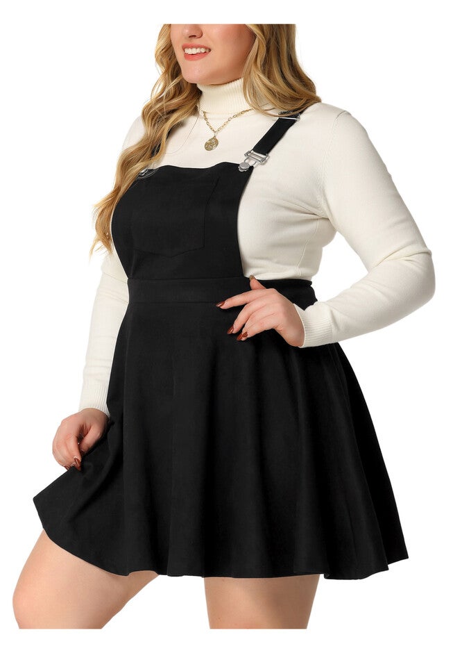 FAUX SUEDE MINI PLEATED SUSPENDER OVERALL SKATER SKIRT, Black / Black, alternate image number 2