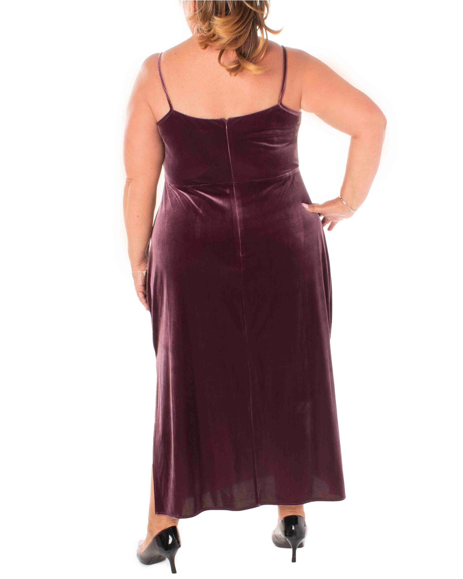 SOLID STRETCH VELVET BODICE LINED DRESS, WINE TASTING / Burgundy, alternate image number 2