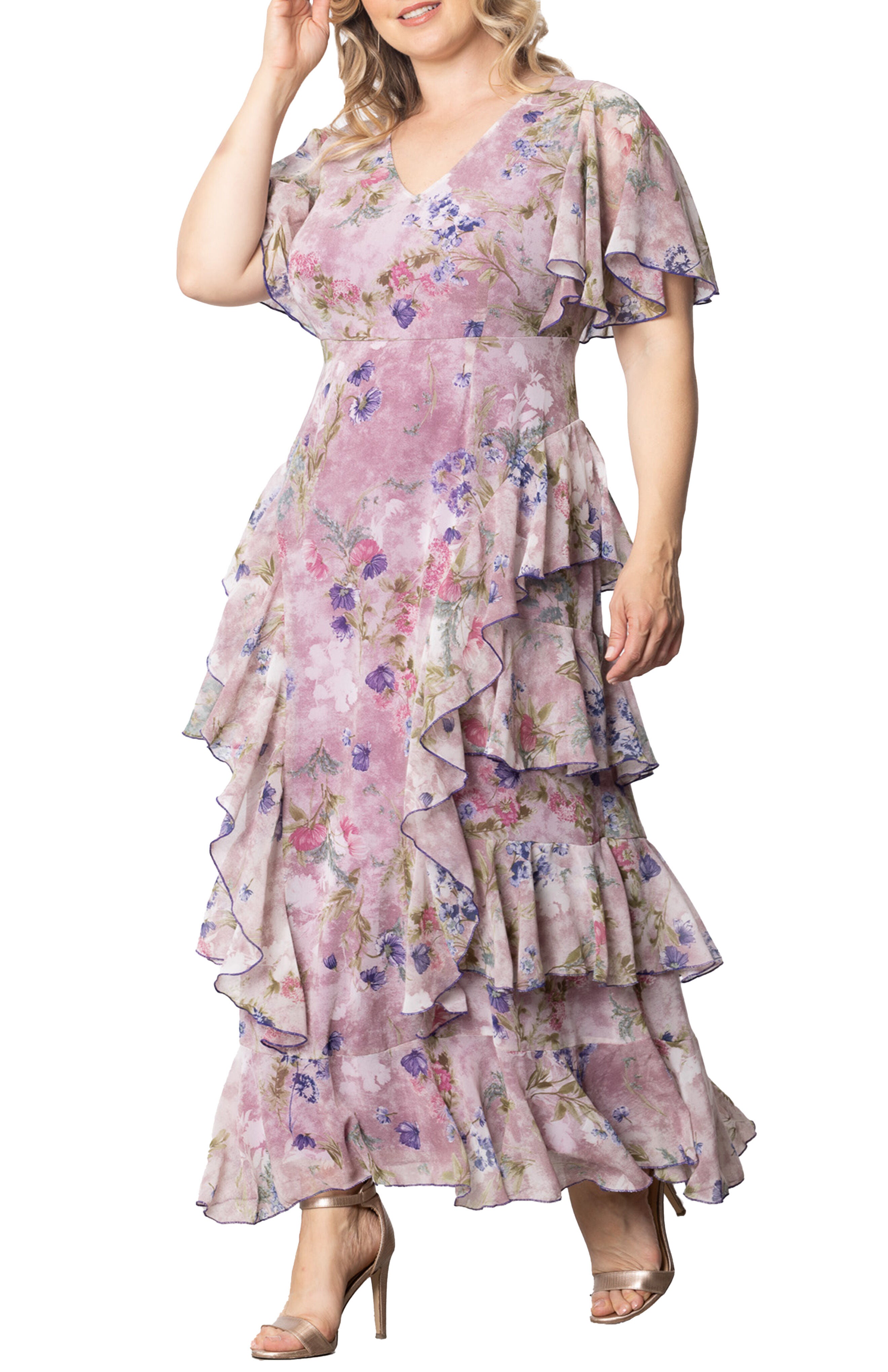 Tour de Flounce Chiffon Evening Gown, LILAC FLORAL PRINT / Lilac, alternate image number 3