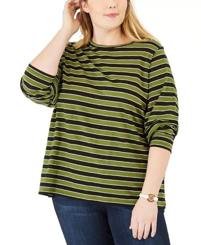 Michael Kors Women's Plus Striped Crewneck T-Shirt Green Size 0X, Green / Forest Green, hi-res image number 0