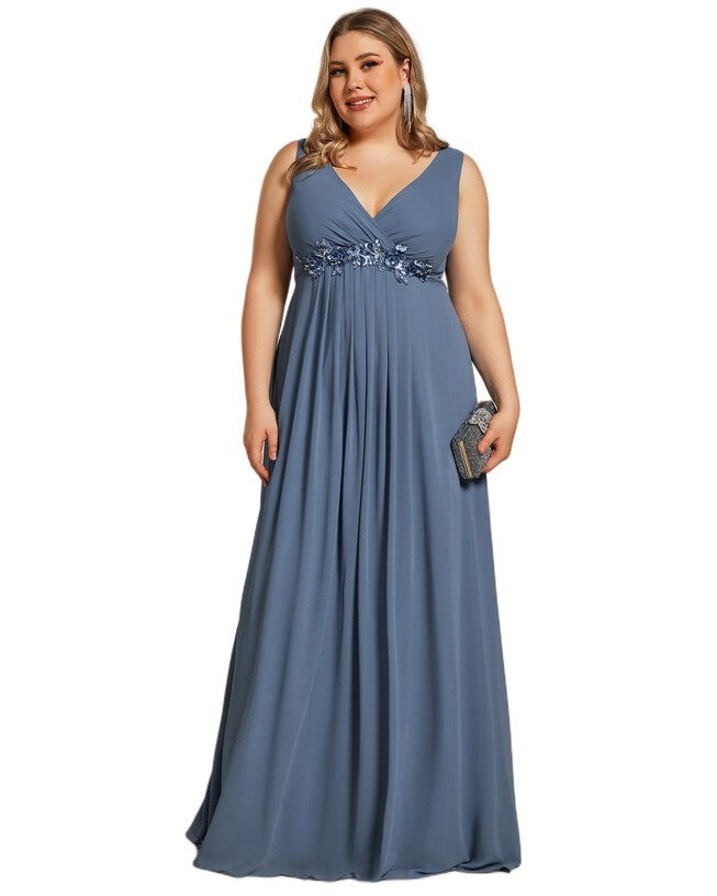 Floral Applique Sleeveless Chiffon Long Formal Evening Dress, Dusty Navy / Dusty Blue, alternate image number null
