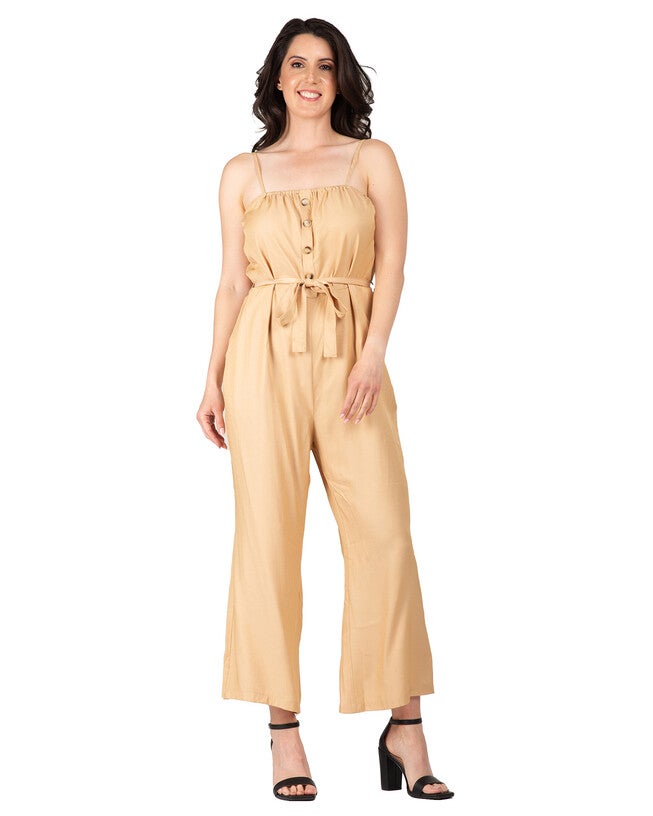 Charli Women's Adjustable Spaghetti Strap Elastic Neckline High Waist Jumpsuit, Khaki / Tan, hi-res image number 0