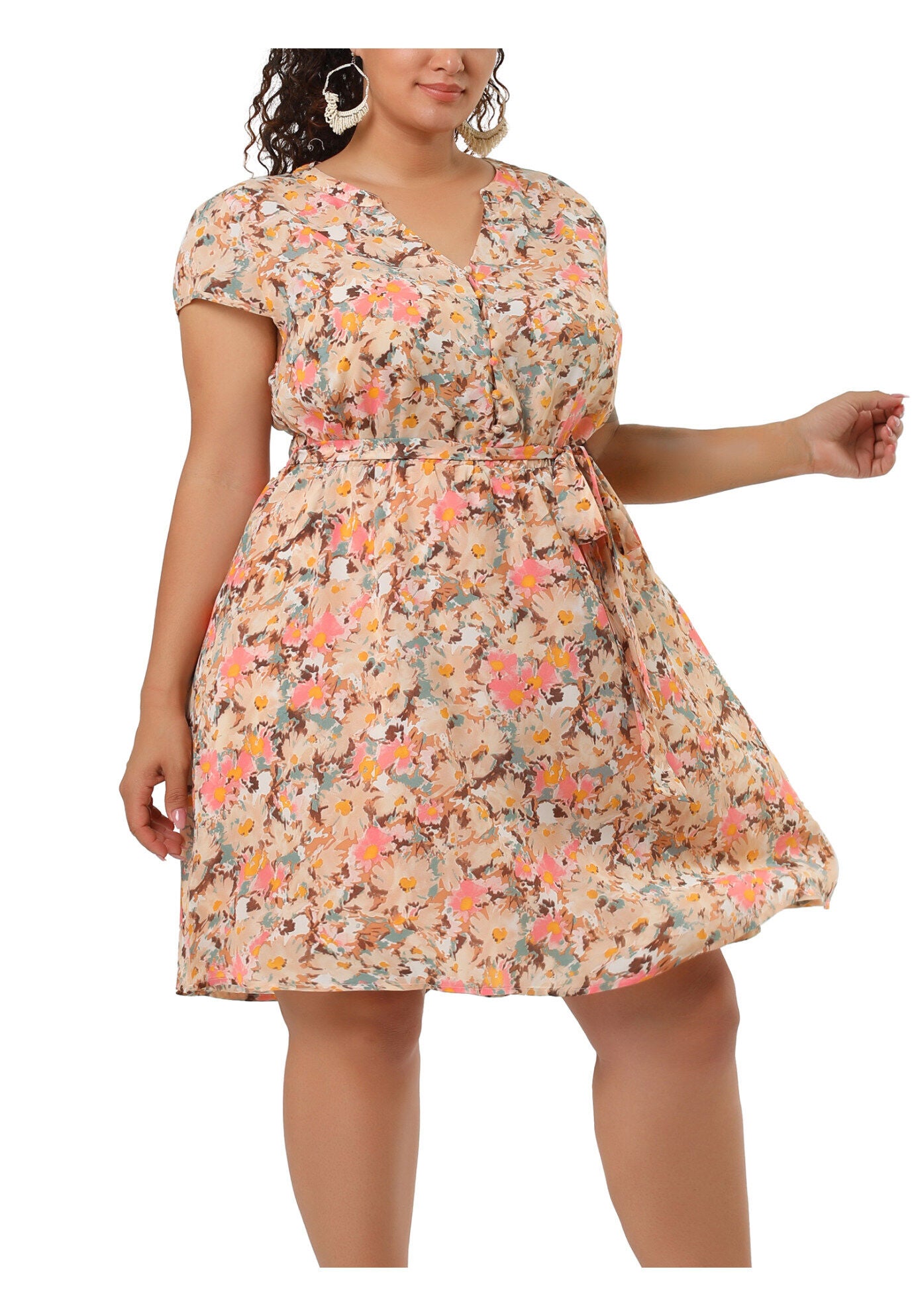 V Neck Belted Summer Floral Dress, Pink / Pink, alternate image number 2