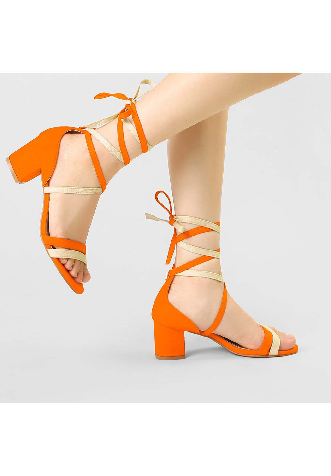 Open Toe Lace Up Color Block Heel Sandals, Orange / Orange, alternate image number 1