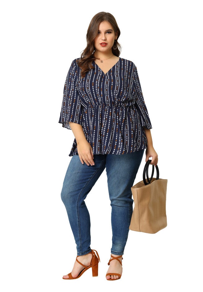 Boho Work V Neck Striped Peplum Top Blouse, Blue / Navy, hi-res image number 0