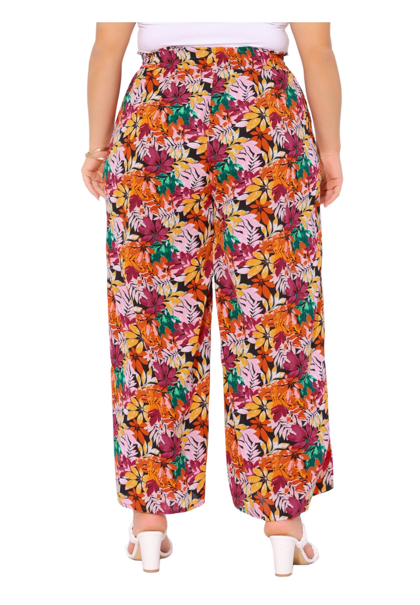 Wide Leg Floral Palazzo Pants Flowy Beach Trousers with Pocket, Black Red / Burnt Orange, alternate image number 3