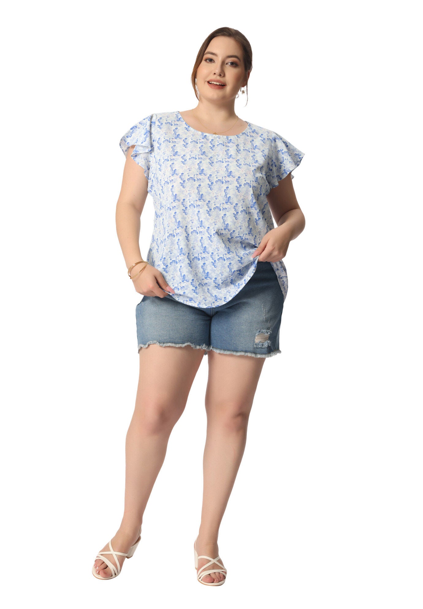 Summer Top Floral Round Neck Short Sleeves Ruffle Blouse, Blue White / Light Blue, hi-res image number 0