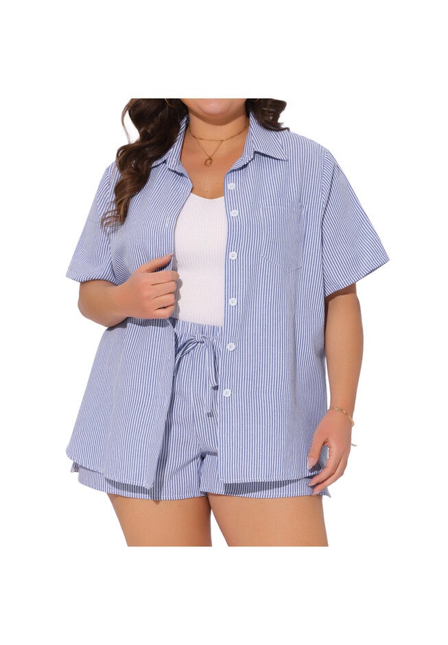 2 Piece Set Striped Collared Button Down Cotton Shirt Top and Shorts, Blue White / Light Blue, alternate image number 1