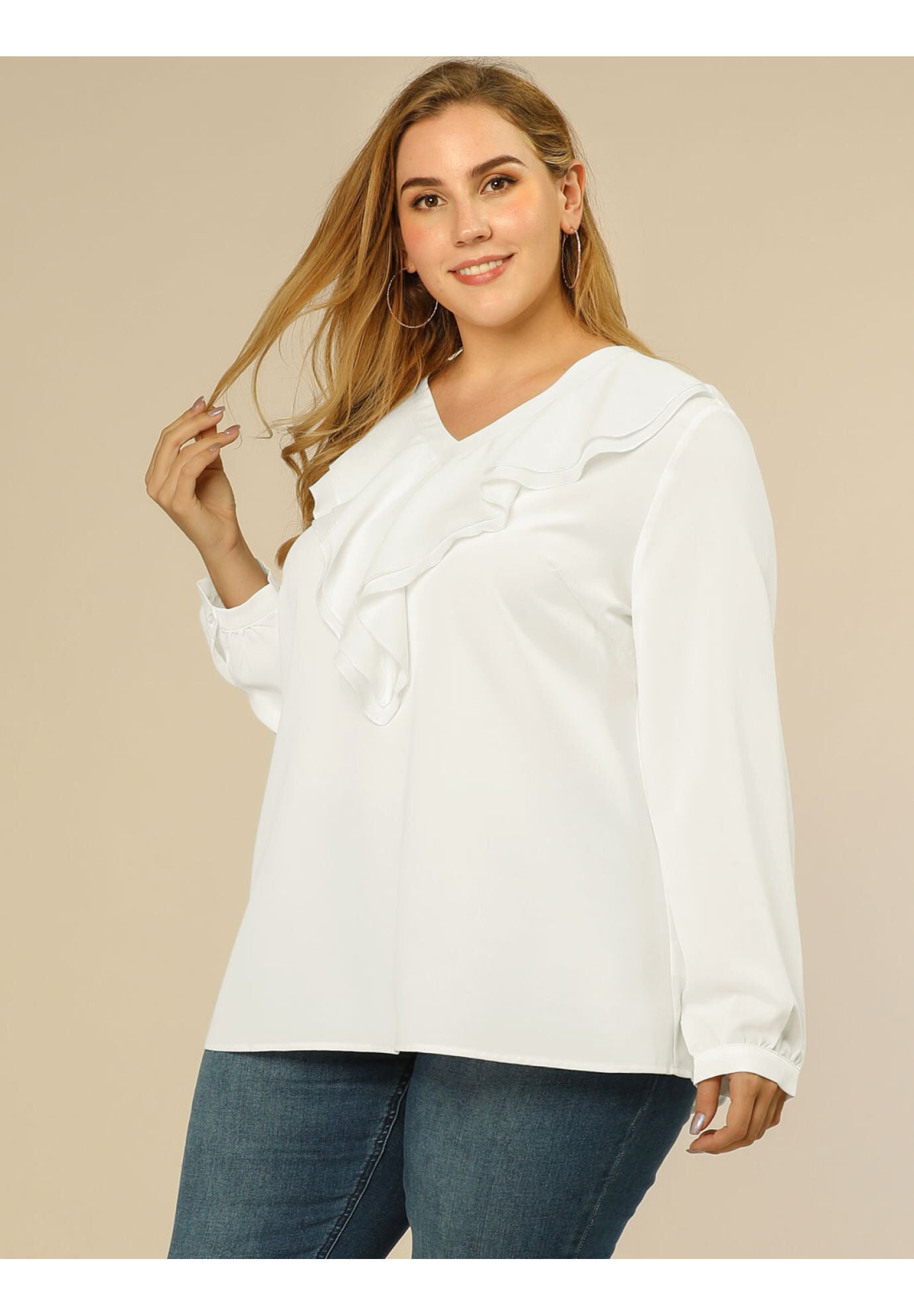 RUFFLE BLOUSE CHIFFON V NECK LONG SLEEVE SHIRT TOP, White / White, alternate image number 3
