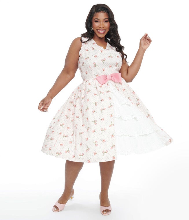Barbie x Unique Vintage 1960s Pink Rosebud Garden Party Swing Dress, Pink Rosebud / Pink, hi-res image number 0