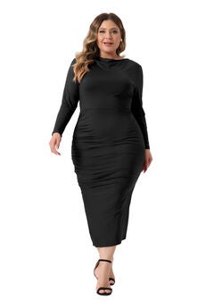Long Sleeve Crew Neck Side Slit Ruched Bodycon Dress