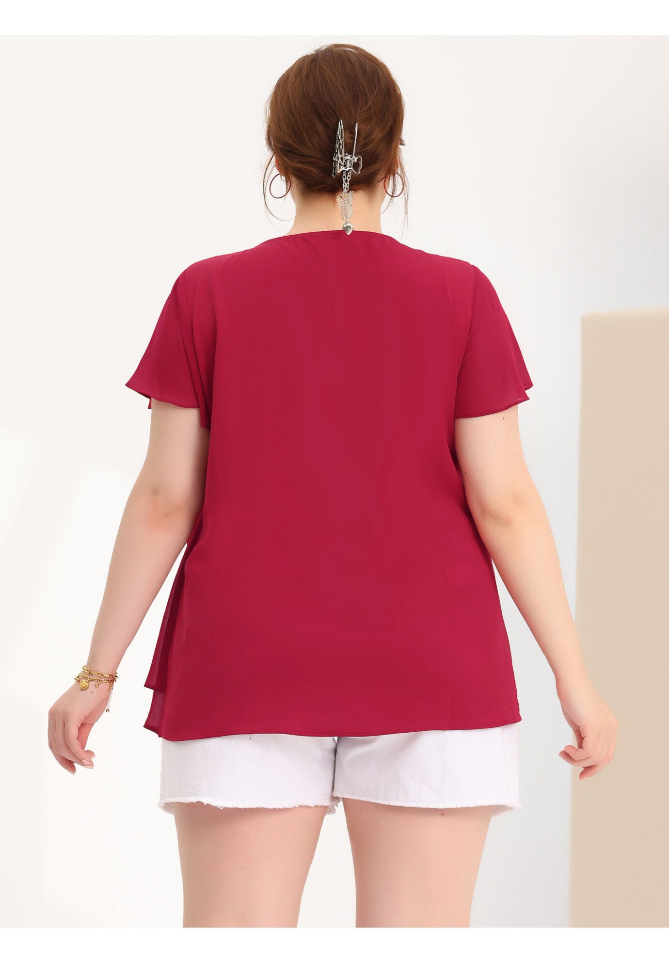 Flutter Sleeves Blouse V Neck Layer Chiffon Ruffle Top, Burgundy / Burgundy, alternate image number 3