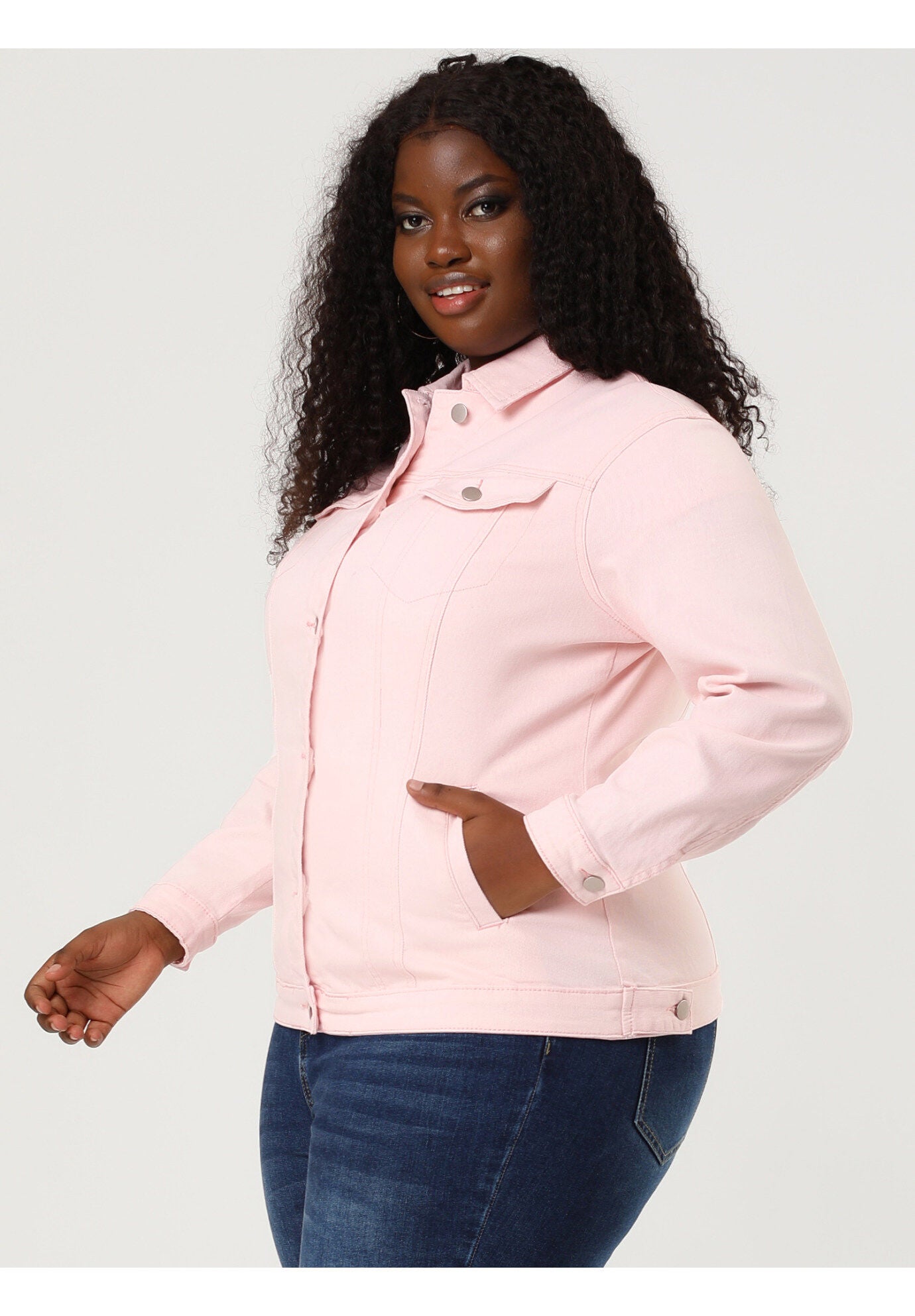STITCHING BUTTON FRONT WASHED DENIM JACKET, Pink / Pink, alternate image number 3