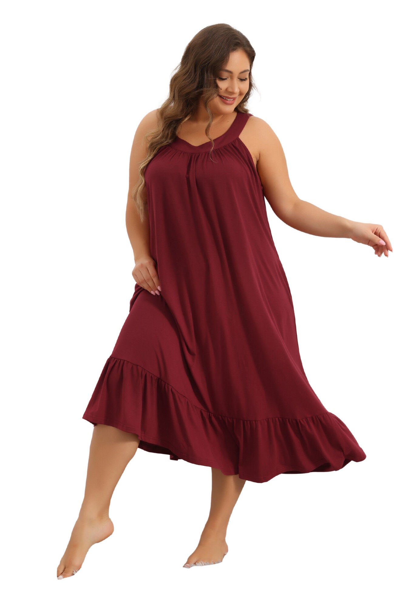 Tank Sleeveless Wide Strap Chemise Pleated Nightdress with Pockets, Wine Red / Burgundy, hi-res image number 0