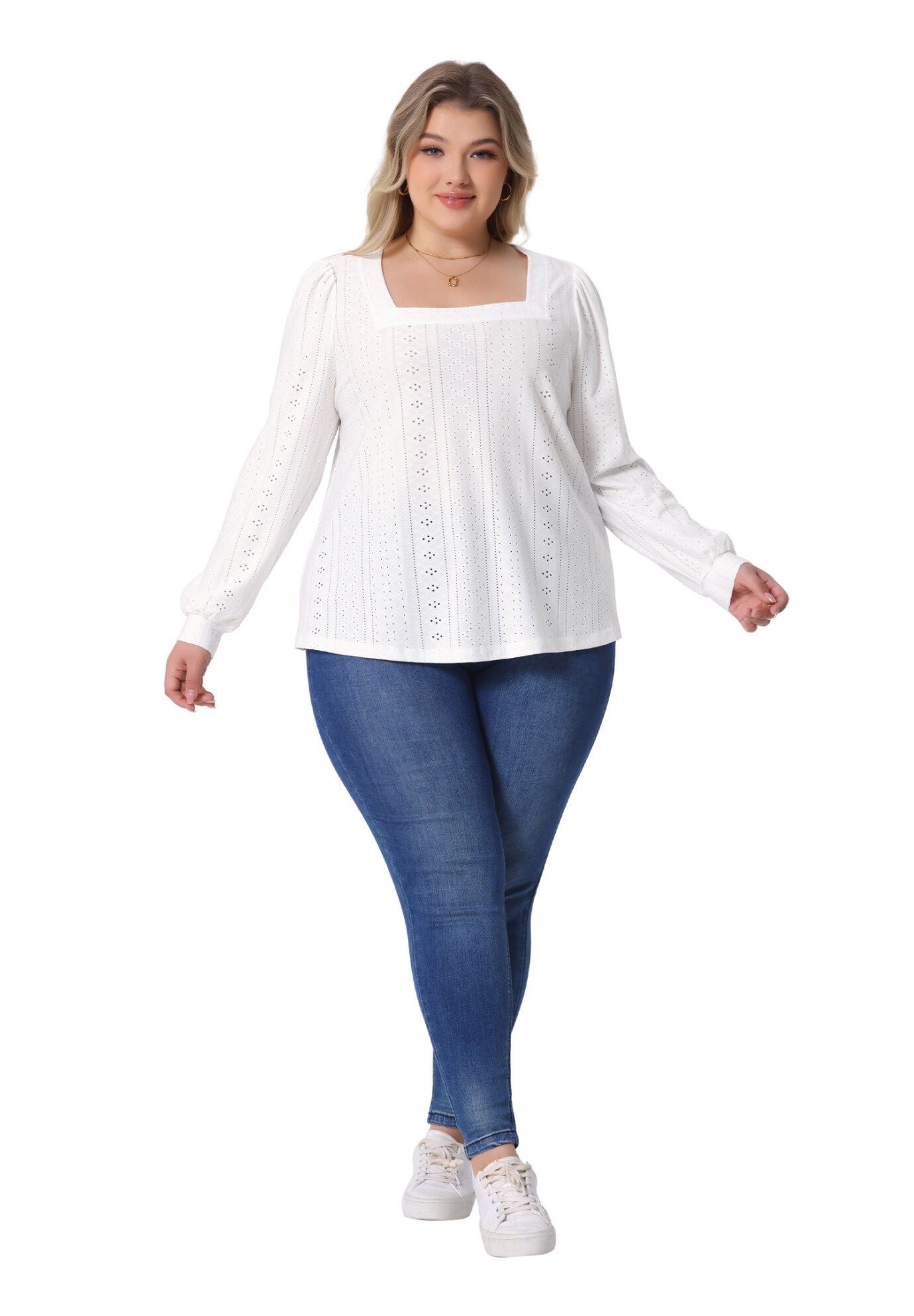 Square Neck Hollow Long Sleeve Eyelet Blouse, White / White, hi-res image number 0