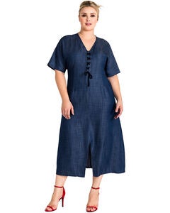 Plus Size Meme Lace-Up Tencel Denim Midi Dress